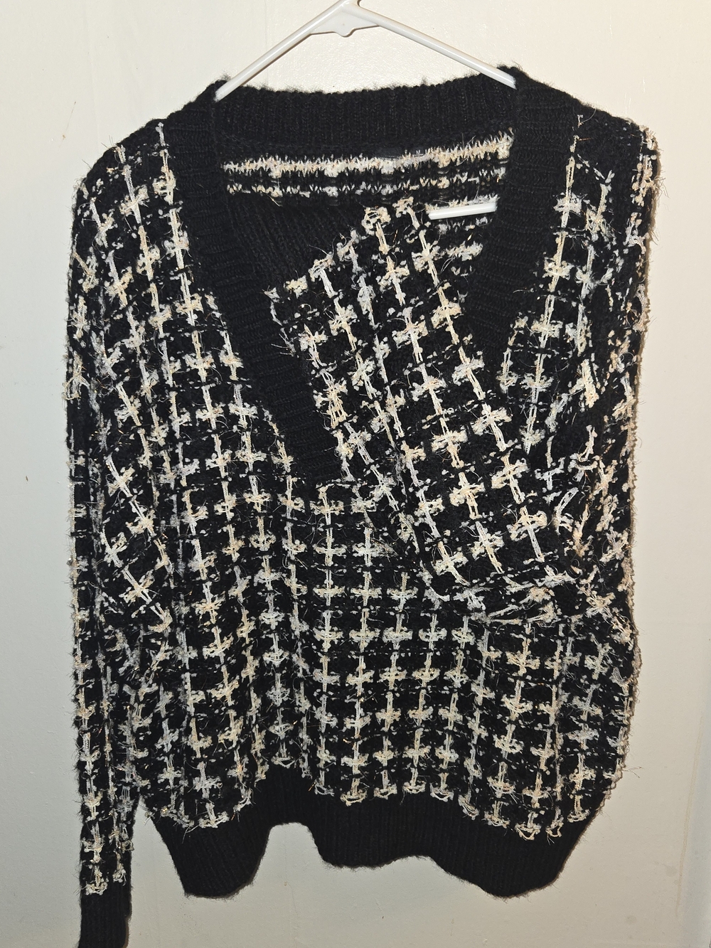 Cozy Black and White With GOLD Shimmers V-Neck Sweater
